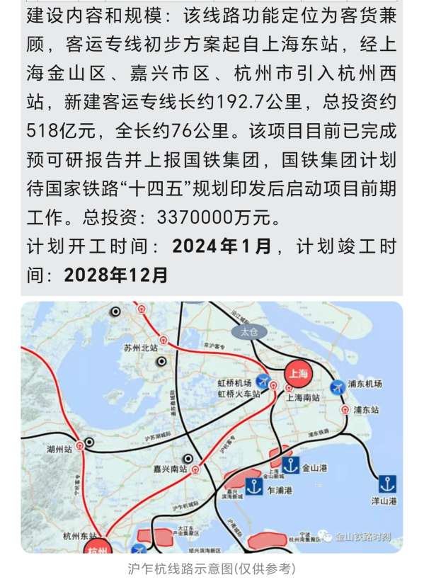 后延沪乍杭铁路计划2025年12月开工竣工时间为2029年12月